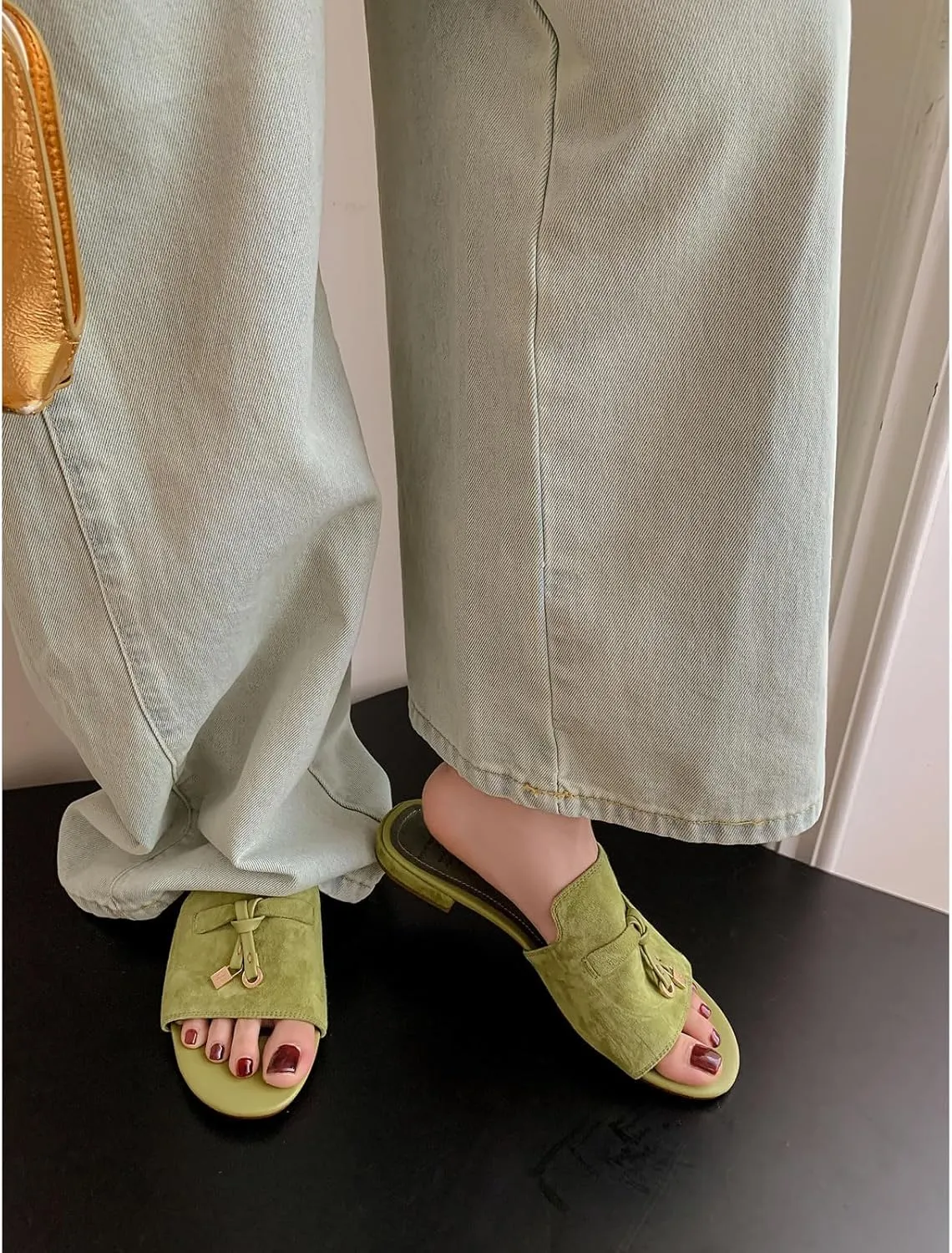 Kluolandi Cute Slides for Women Dressy Comfortable Slip On Open Toe Flat Slide Sandals Suede Leather Slide Slippers