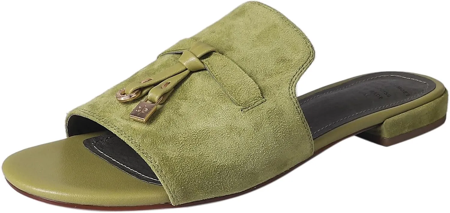Kluolandi Cute Slides for Women Dressy Comfortable Slip On Open Toe Flat Slide Sandals Suede Leather Slide Slippers
