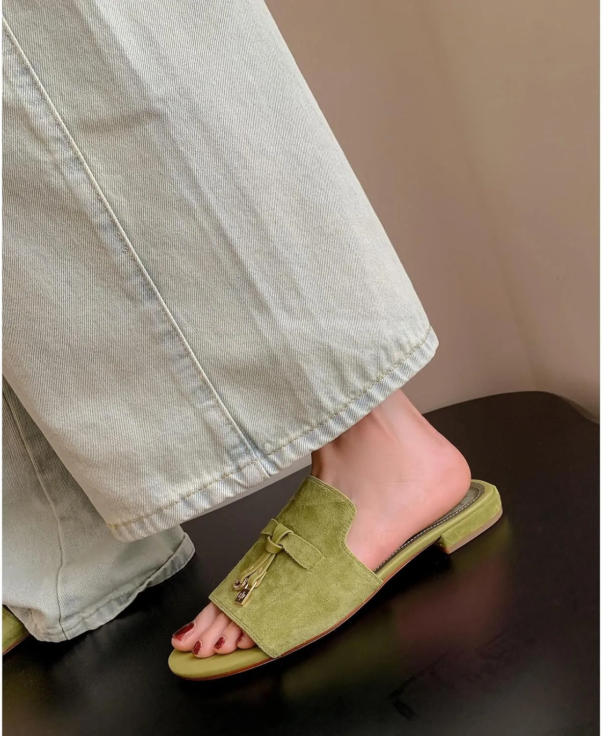 Kluolandi Cute Slides for Women Dressy Comfortable Slip On Open Toe Flat Slide Sandals Suede Leather Slide Slippers