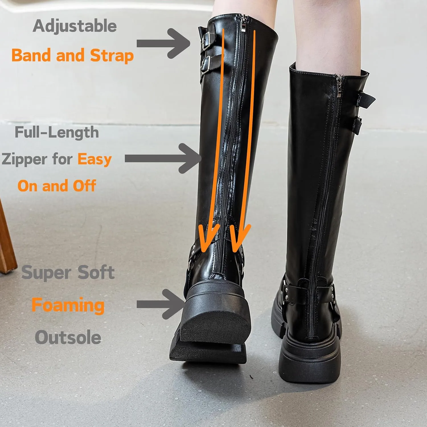 Knee High Buckle Boots Wide Calf Comfortable Tall Riding Biker Flat Fashion Chunky Casual