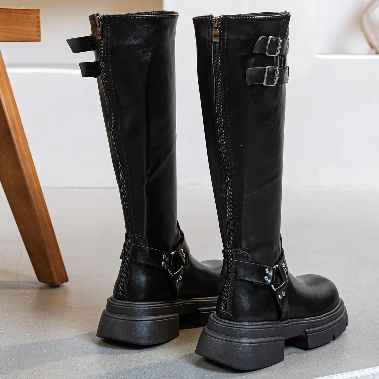 Knee High Buckle Boots Wide Calf Comfortable Tall Riding Biker Flat Fashion Chunky Casual