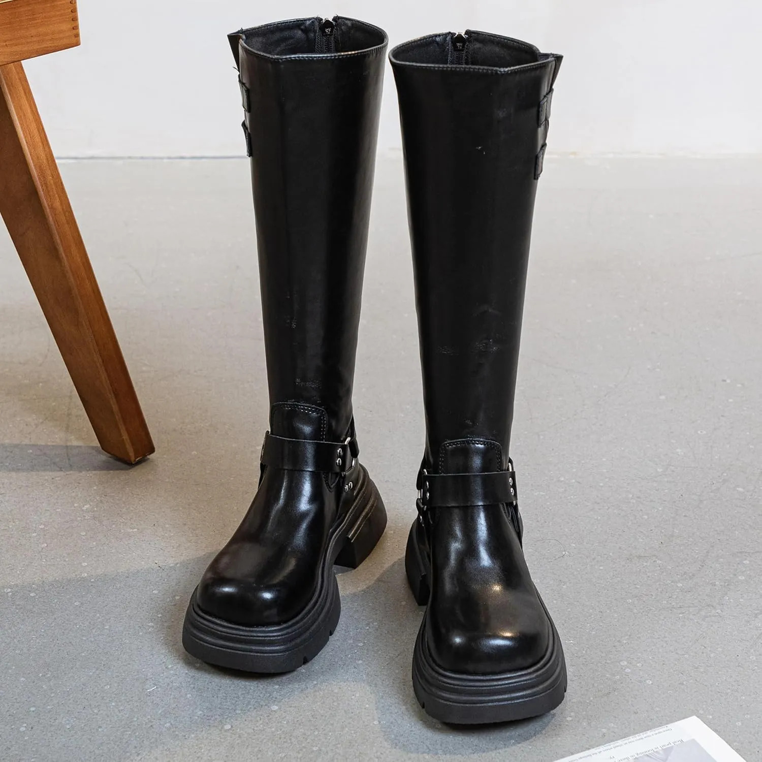 Knee High Buckle Boots Wide Calf Comfortable Tall Riding Biker Flat Fashion Chunky Casual