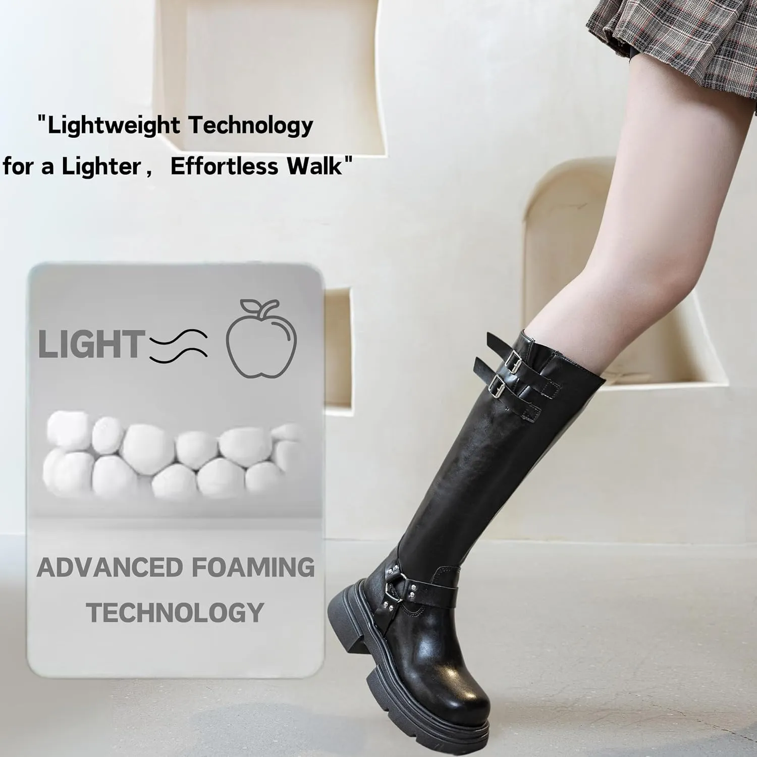 Knee High Buckle Boots Wide Calf Comfortable Tall Riding Biker Flat Fashion Chunky Casual