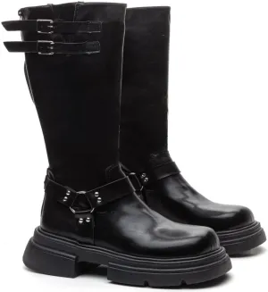 Knee High Buckle Boots Wide Calf Comfortable Tall Riding Biker Flat Fashion Chunky Casual