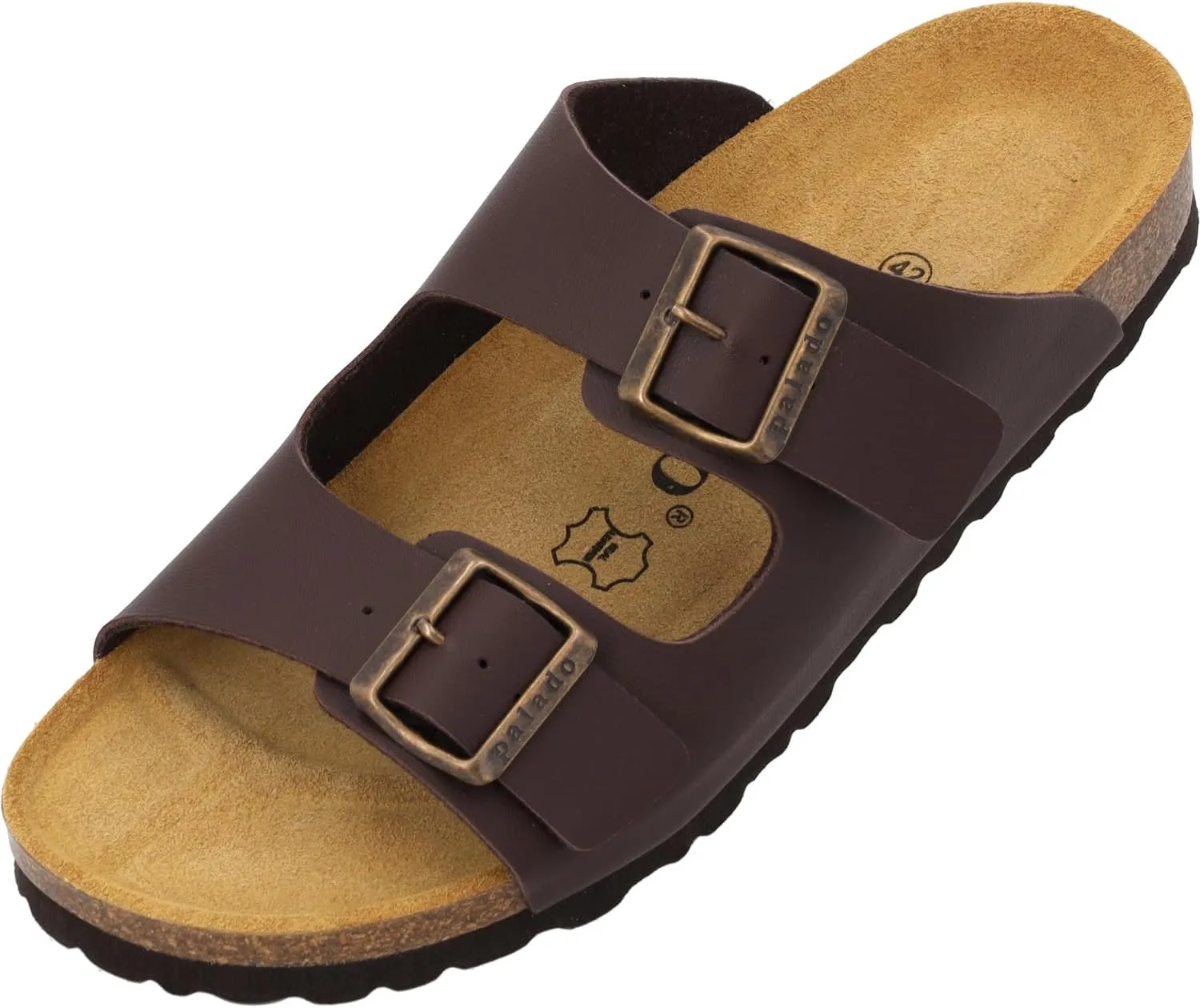Korfu Men's Matt Slip-On Sandals with Adjustable Straps - Slippers with Suede Sole and Natural Cork Footbed - Black - Sizes: 41, 42, 43, 44, 45, 46, 47