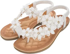 Ladies Flower Accessory Round Toe Thong Flat Beach Sandals,Summer Bohemian Elastic Ankle Strap Comfortable Flower Sandals.