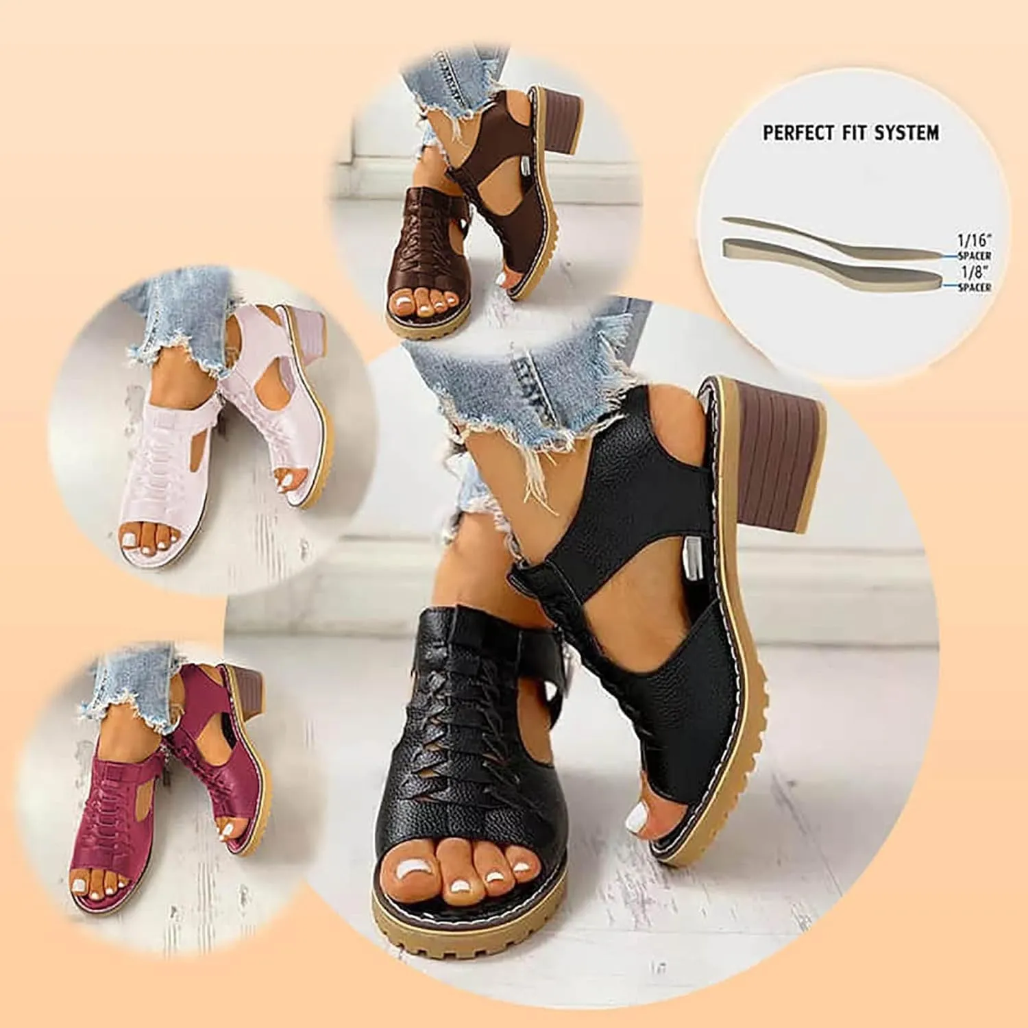 Libiyi Sandals for Women Comfy Orthotic Sandal Women's Peep Toe Cutout Zipper Chunky Heeled Shoe New Hollow Fish Mouth Slip on Summer Beach Boho Comfortable Sandals Outdoor Shoes