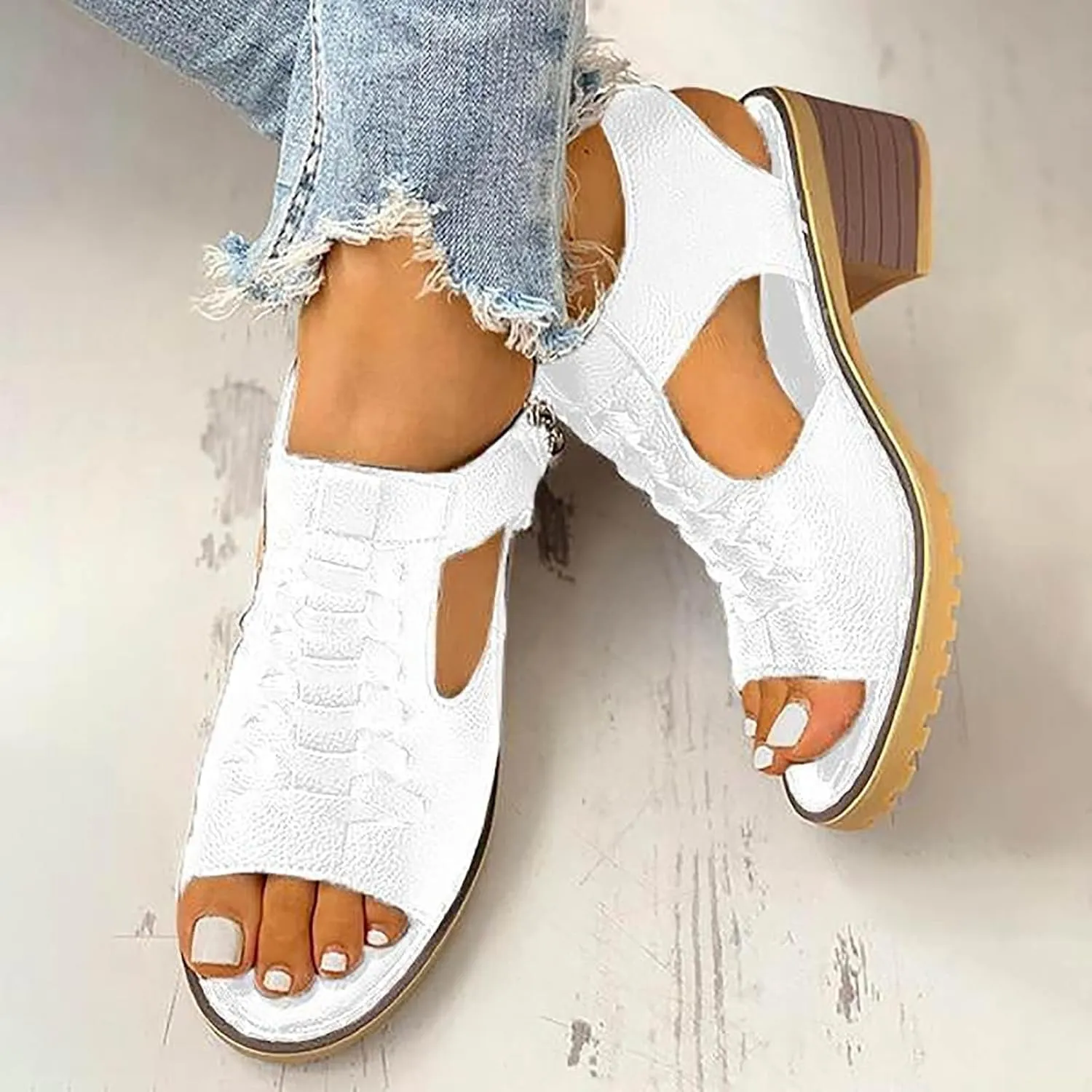 Libiyi Sandals for Women Comfy Orthotic Sandal Women's Peep Toe Cutout Zipper Chunky Heeled Shoe New Hollow Fish Mouth Slip on Summer Beach Boho Comfortable Sandals Outdoor Shoes