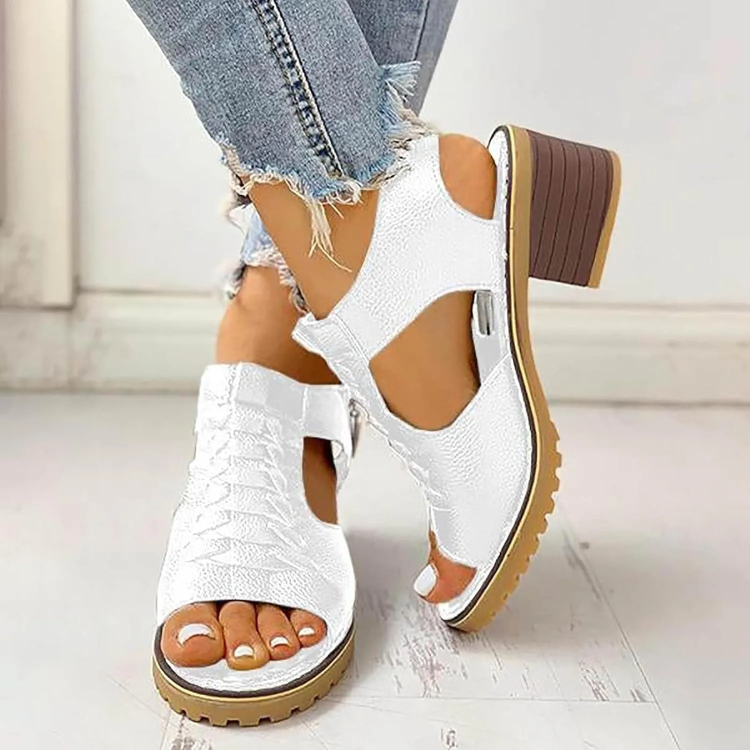 Libiyi Sandals for Women Comfy Orthotic Sandal Women's Peep Toe Cutout Zipper Chunky Heeled Shoe New Hollow Fish Mouth Slip on Summer Beach Boho Comfortable Sandals Outdoor Shoes