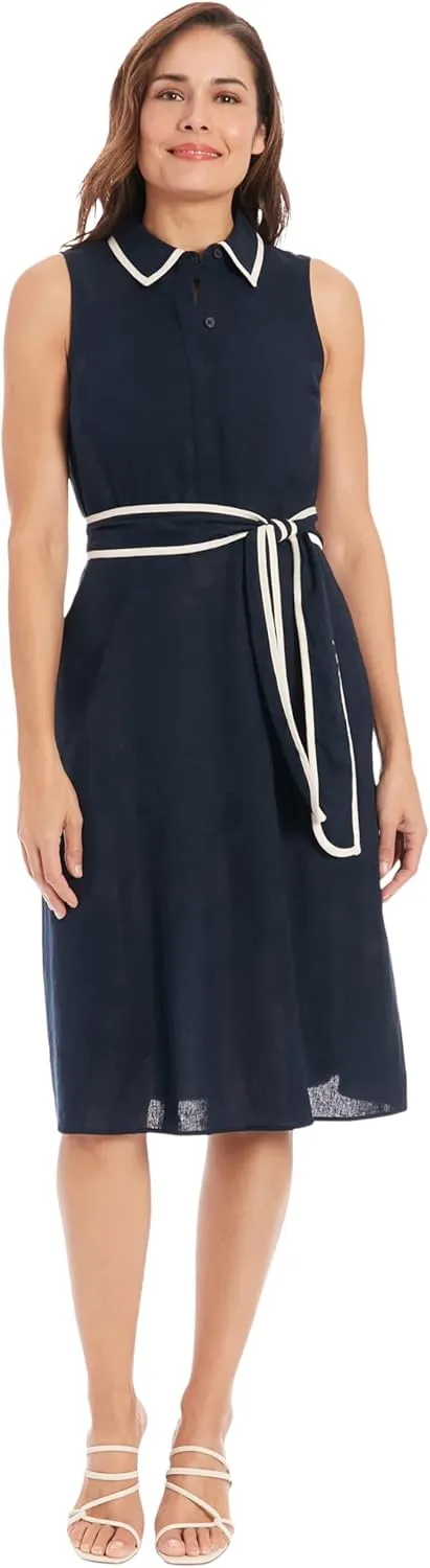 London Times Women's Linen Blend Polished Preppy Classic Belted Shirt Dress