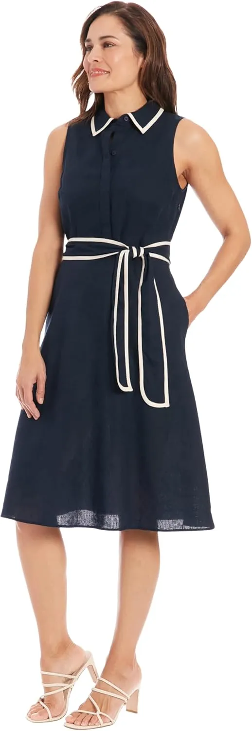 London Times Women's Linen Blend Polished Preppy Classic Belted Shirt Dress