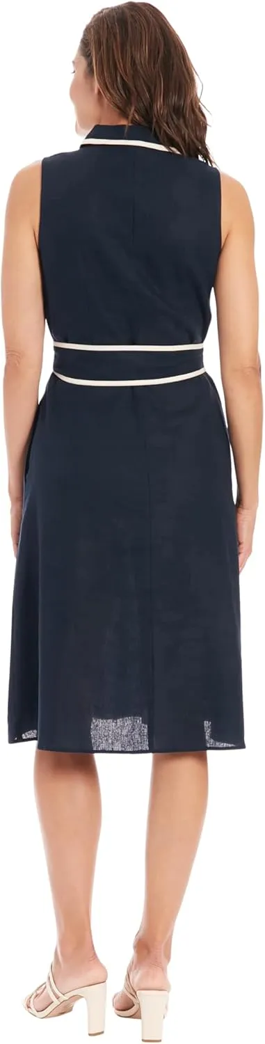 London Times Women's Linen Blend Polished Preppy Classic Belted Shirt Dress