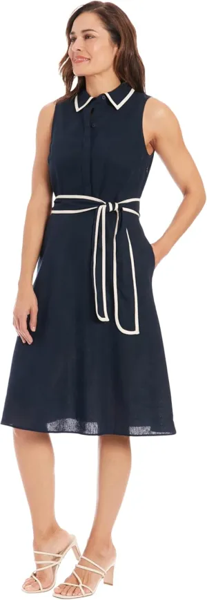 London Times Women's Linen Blend Polished Preppy Classic Belted Shirt Dress