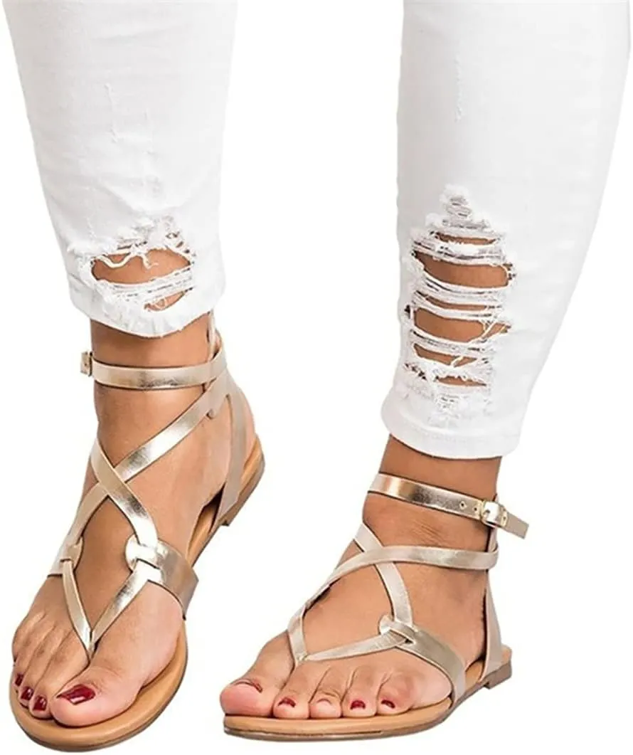 LONG-M Women's Buckle Casual Sandals Cross-Lace Flat Shoes Summer Beach Shoes