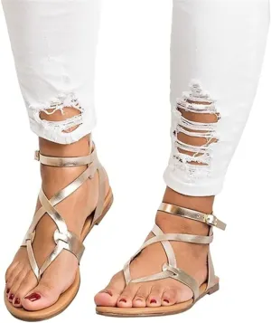 LONG-M Women's Buckle Casual Sandals Cross-Lace Flat Shoes Summer Beach Shoes