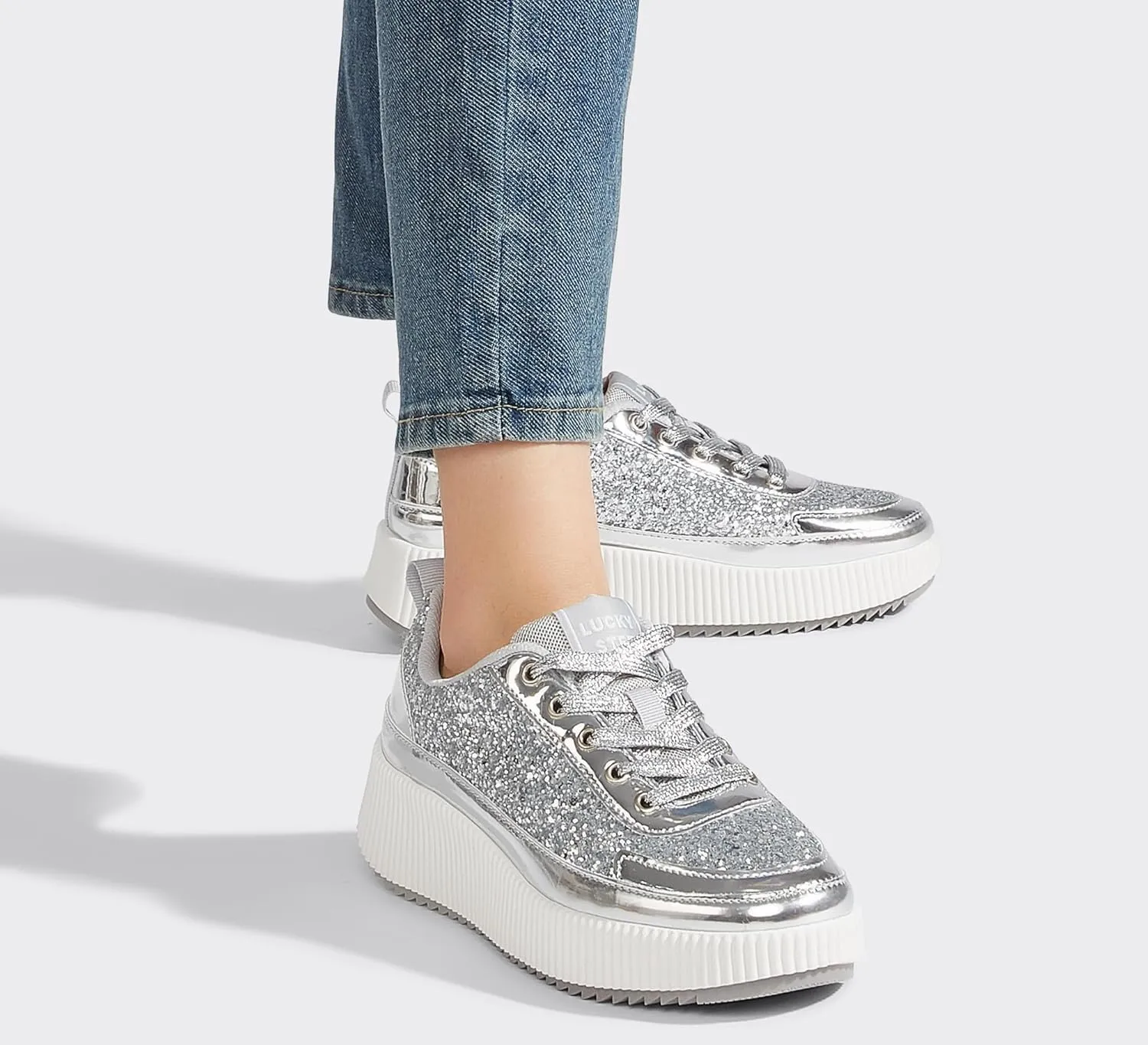 LUCKY STEP Women's Platform Sneakers Rhinestone Fashion Chunky Casual Sparkly Retro Braided Walking Shoes