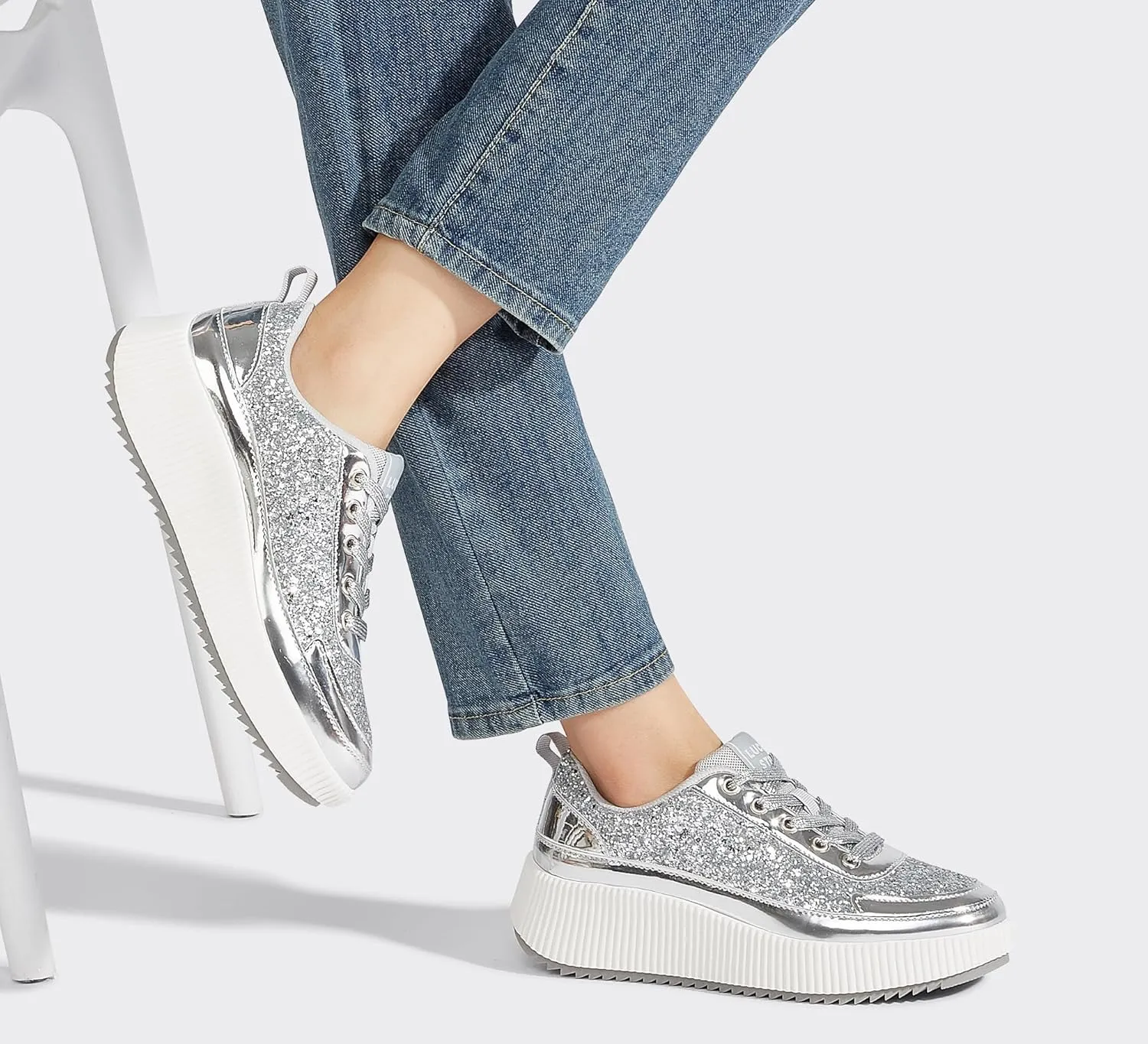 LUCKY STEP Women's Platform Sneakers Rhinestone Fashion Chunky Casual Sparkly Retro Braided Walking Shoes