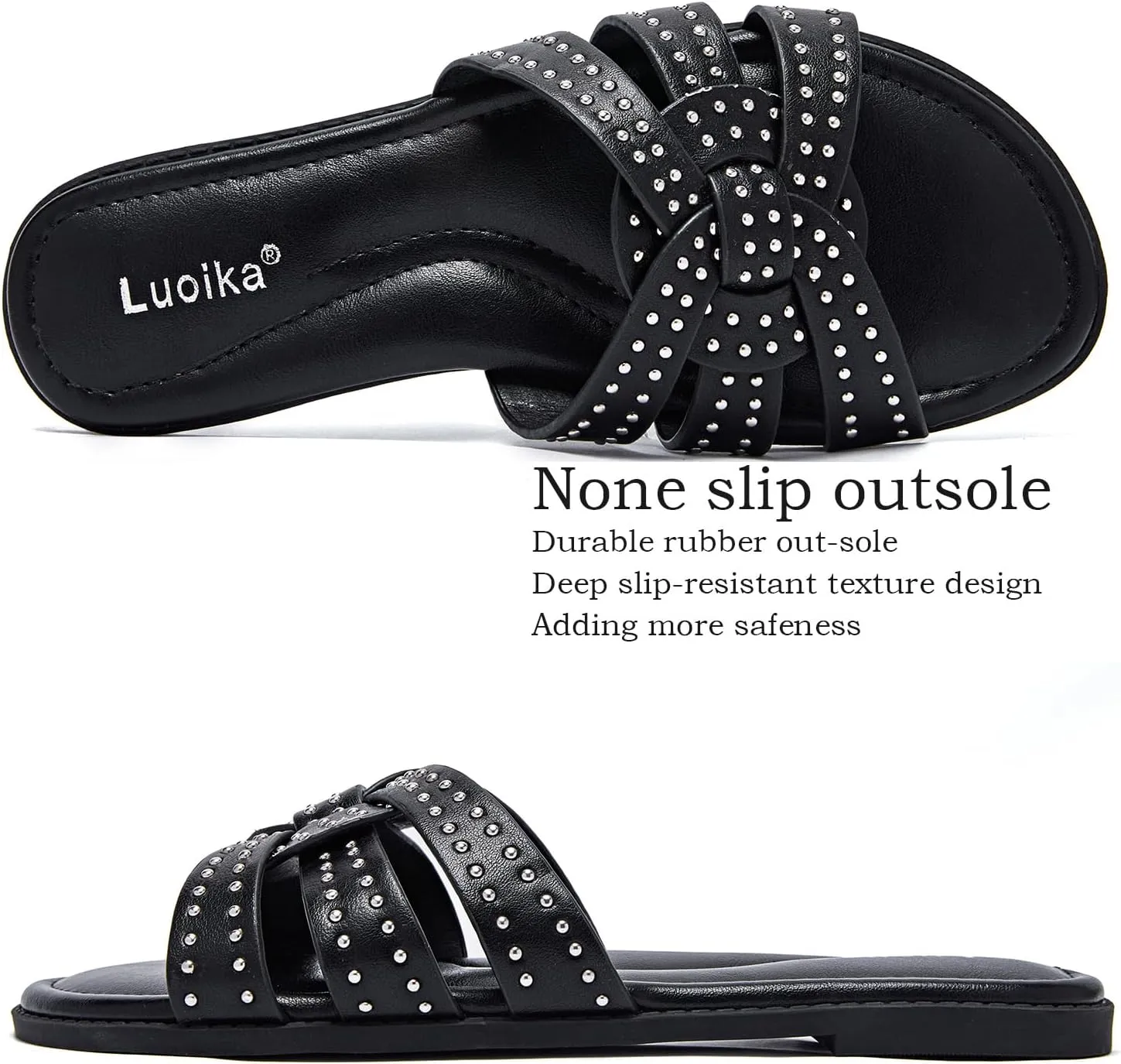 Luoika Women's Wide Width Flat Slides Sandals, Strapy Slide Sandal Slip on Dressy Summer Shoes for Women.