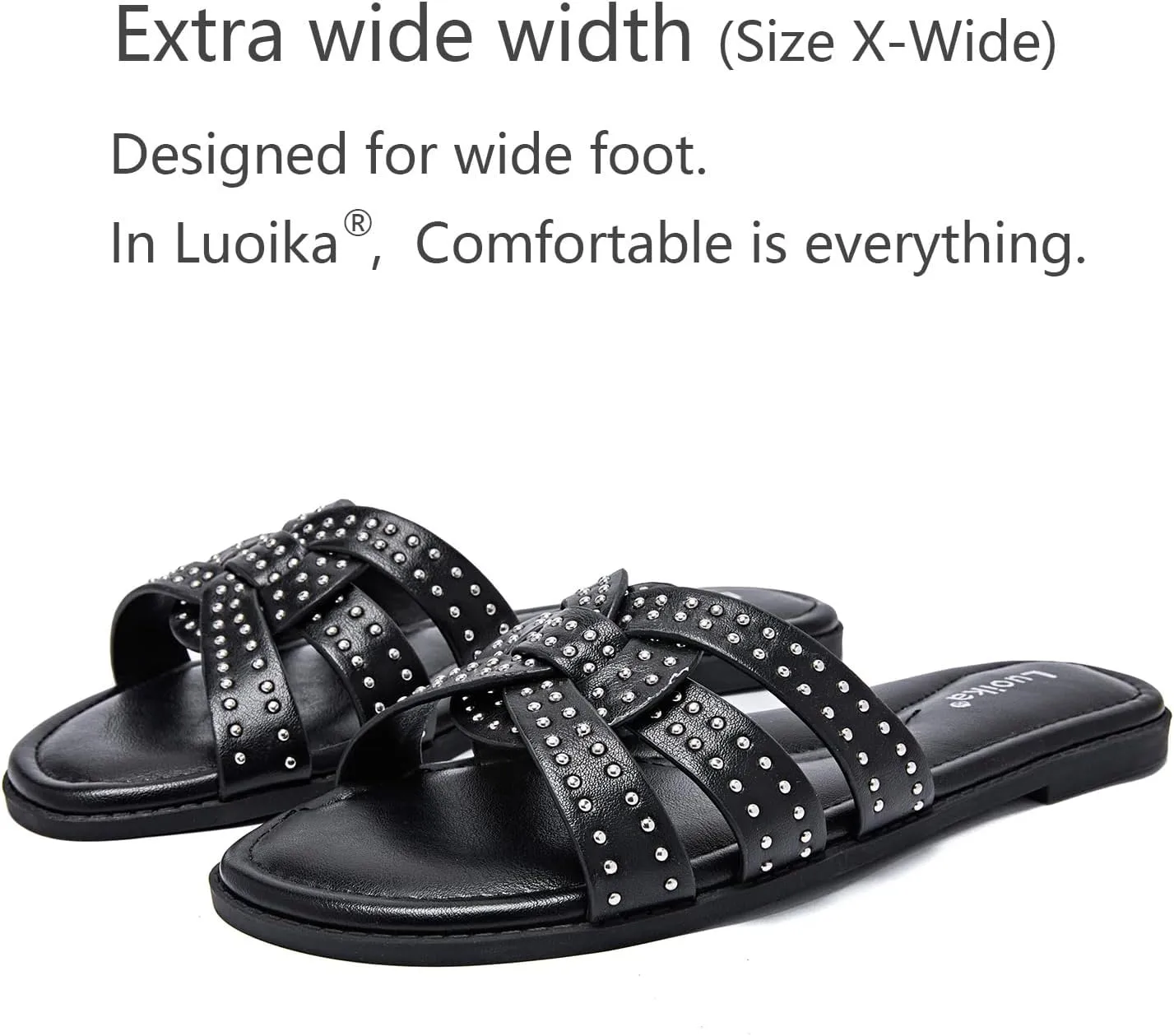 Luoika Women's Wide Width Flat Slides Sandals, Strapy Slide Sandal Slip on Dressy Summer Shoes for Women.