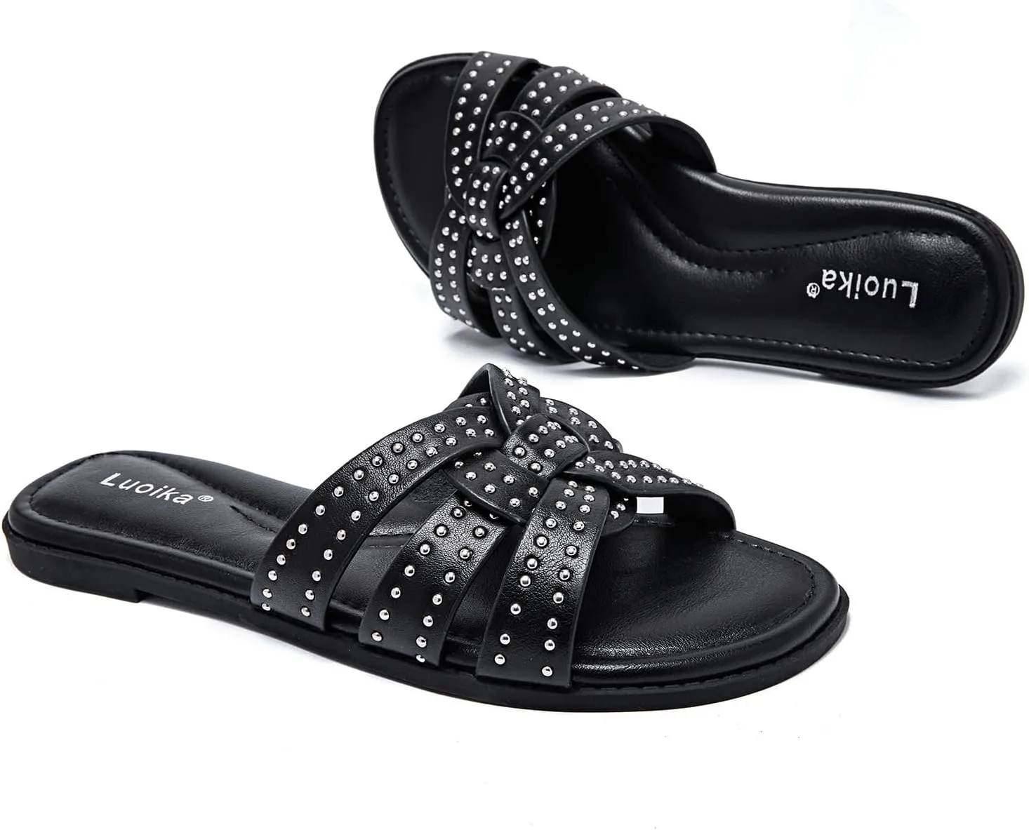 Luoika Women's Wide Width Flat Slides Sandals, Strapy Slide Sandal Slip on Dressy Summer Shoes for Women.