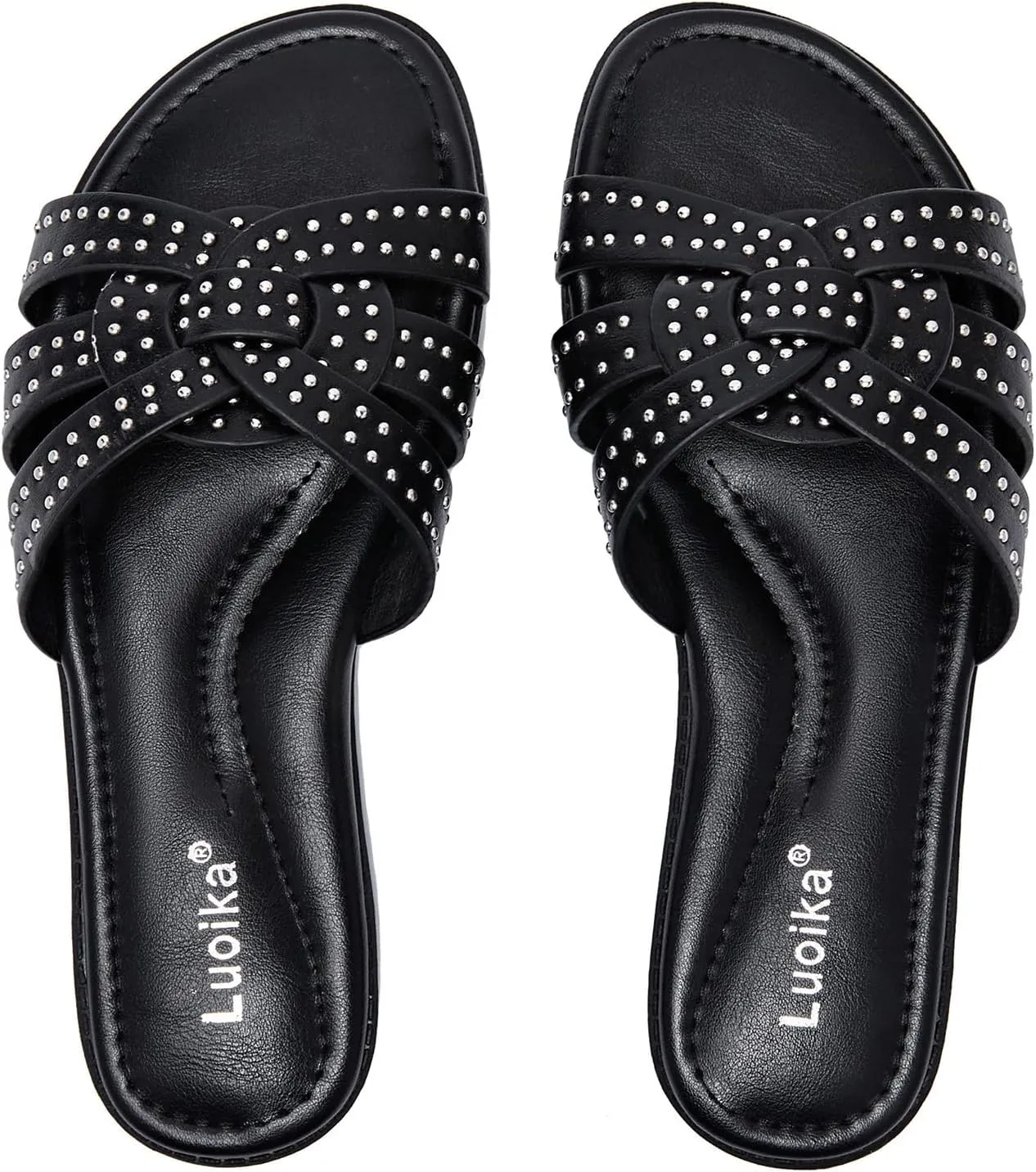 Luoika Women's Wide Width Flat Slides Sandals, Strapy Slide Sandal Slip on Dressy Summer Shoes for Women.