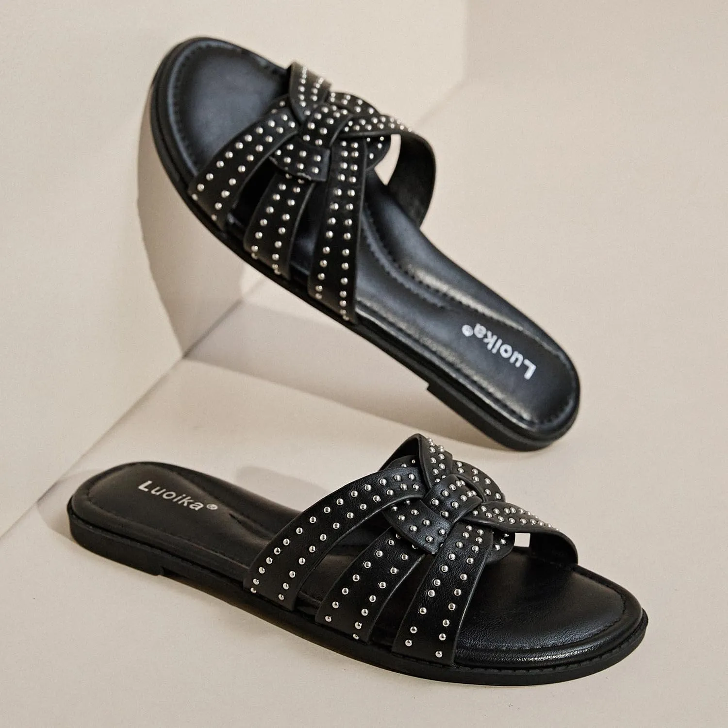 Luoika Women's Wide Width Flat Slides Sandals, Strapy Slide Sandal Slip on Dressy Summer Shoes for Women.