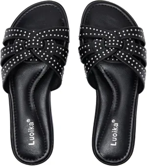 Luoika Women's Wide Width Flat Slides Sandals, Strapy Slide Sandal Slip on Dressy Summer Shoes for Women.