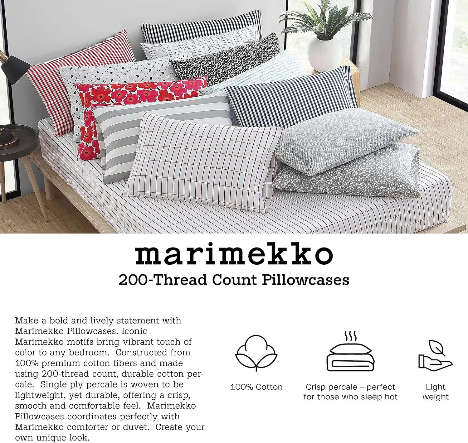 MARIMEKKO - Queen Sheets, Cotton Percale Bedding Set, Crisp & Cool Home Decor (AJO Red, Queen)