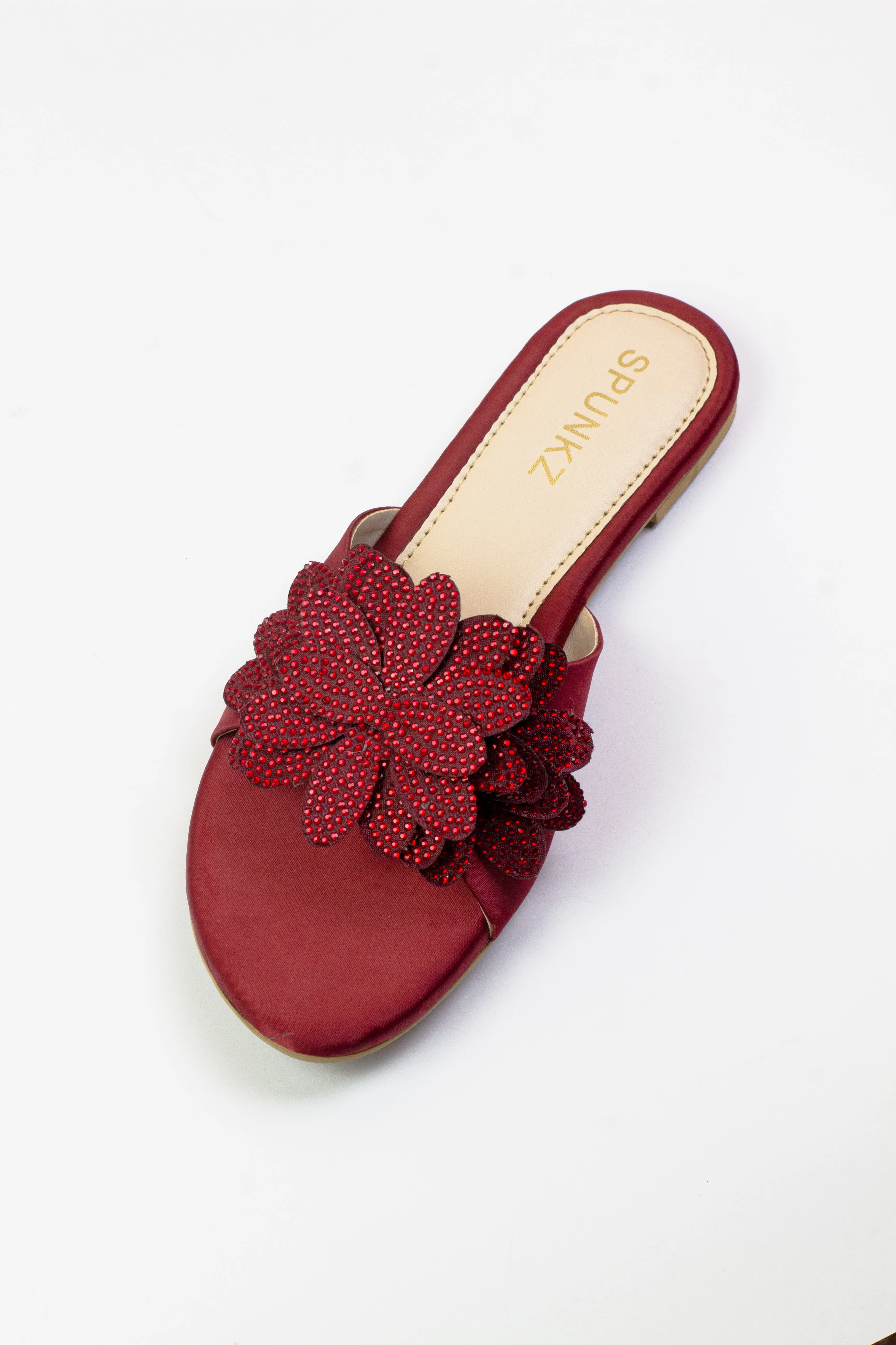 Melena Shiny Diamante Maroon Flower Rhinestone Decor Slides-11030