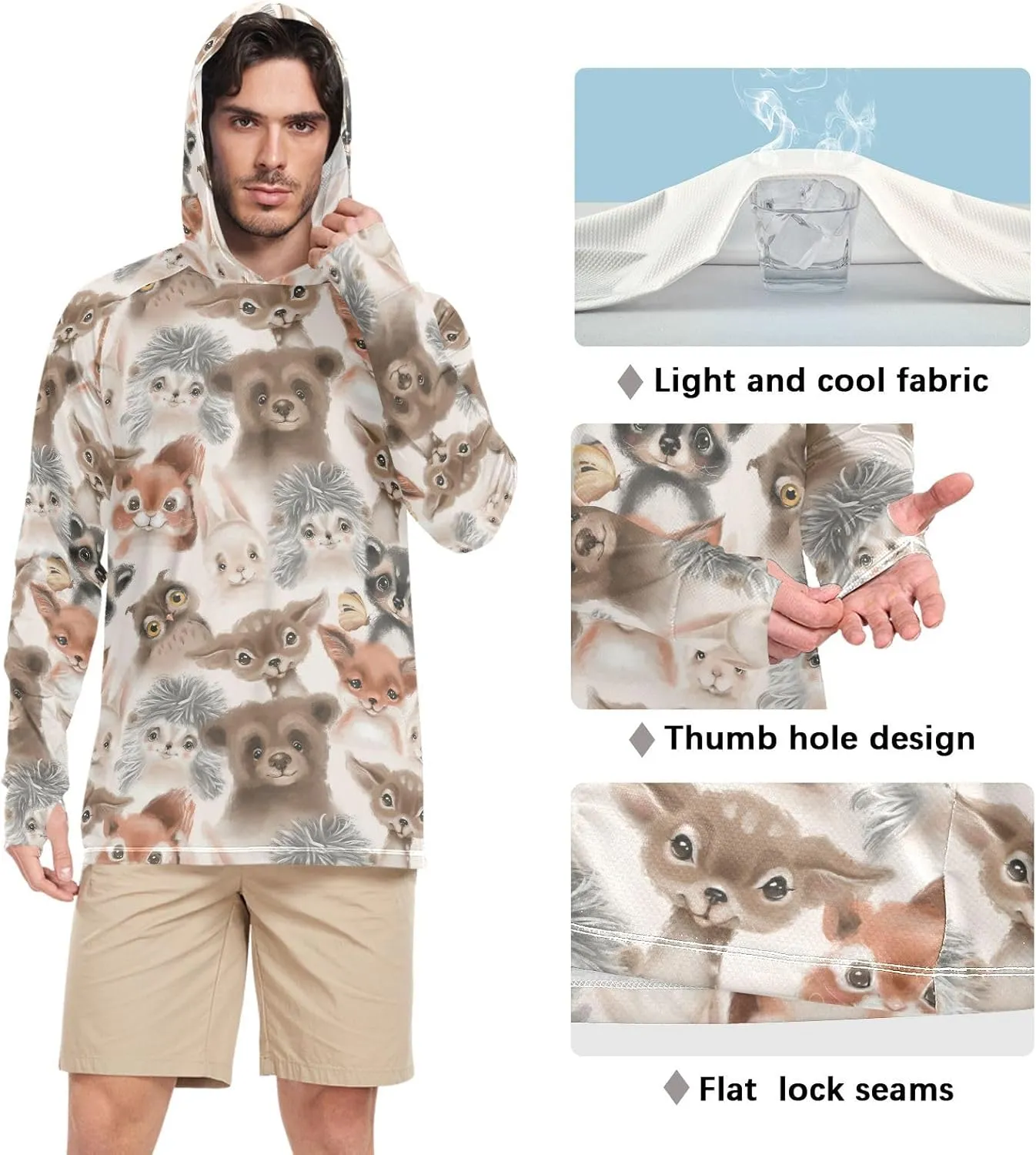 Mens Hoodie Sun Protection Long Sleeve Animals Sun Shirt with Hood UPF 50  Sun Proof Shirts UV Rashguard for