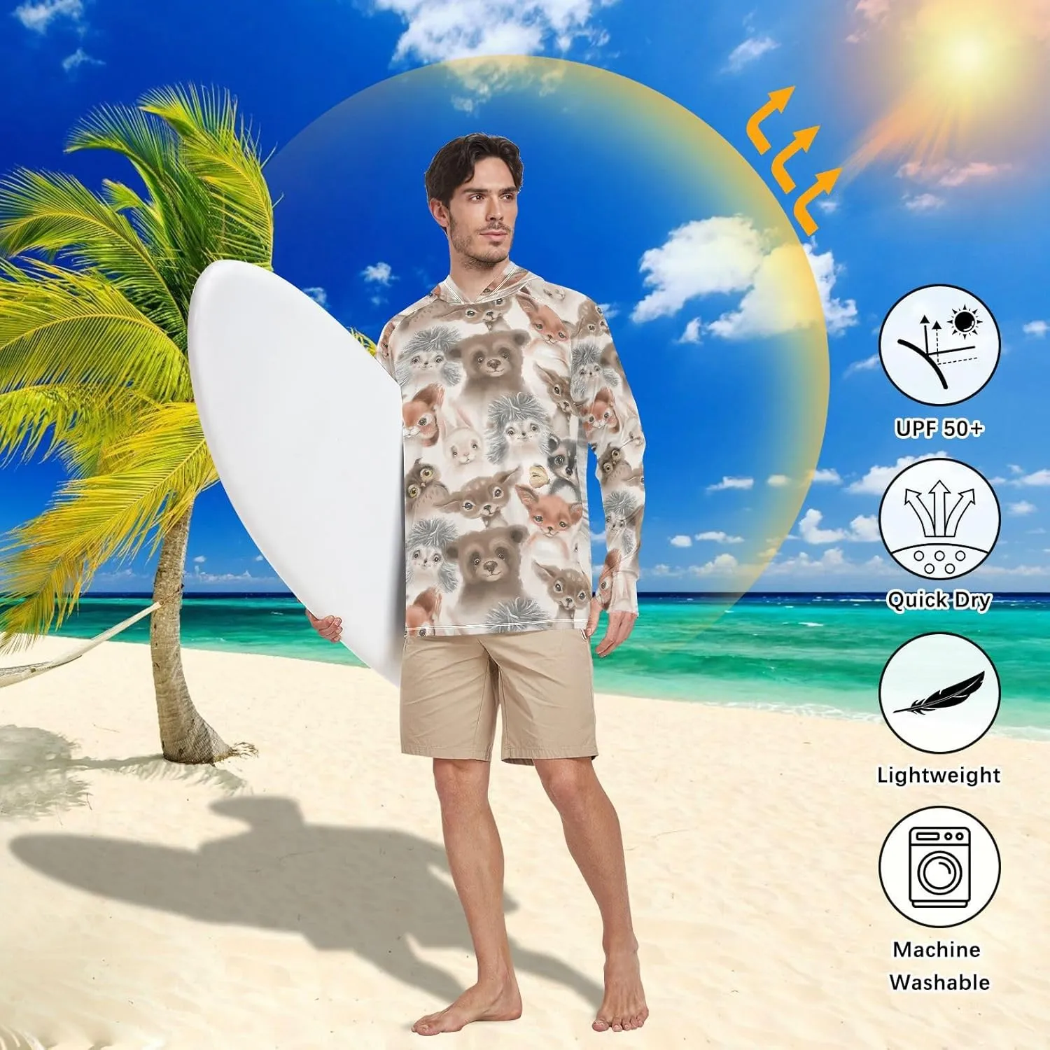 Mens Hoodie Sun Protection Long Sleeve Animals Sun Shirt with Hood UPF 50  Sun Proof Shirts UV Rashguard for