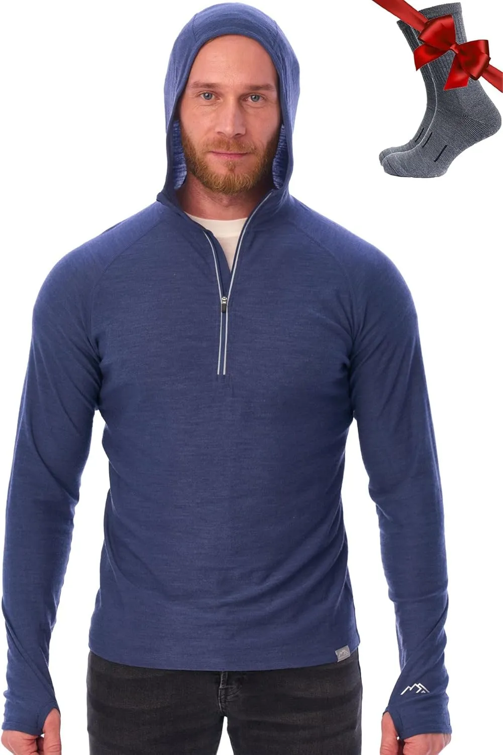 Merino.tech 100% Merino Wool Hoodie Men - Slim Fit Merino Wool Base Layer Mens Half Zip Thermal Long Sleeve Shirt and Socks