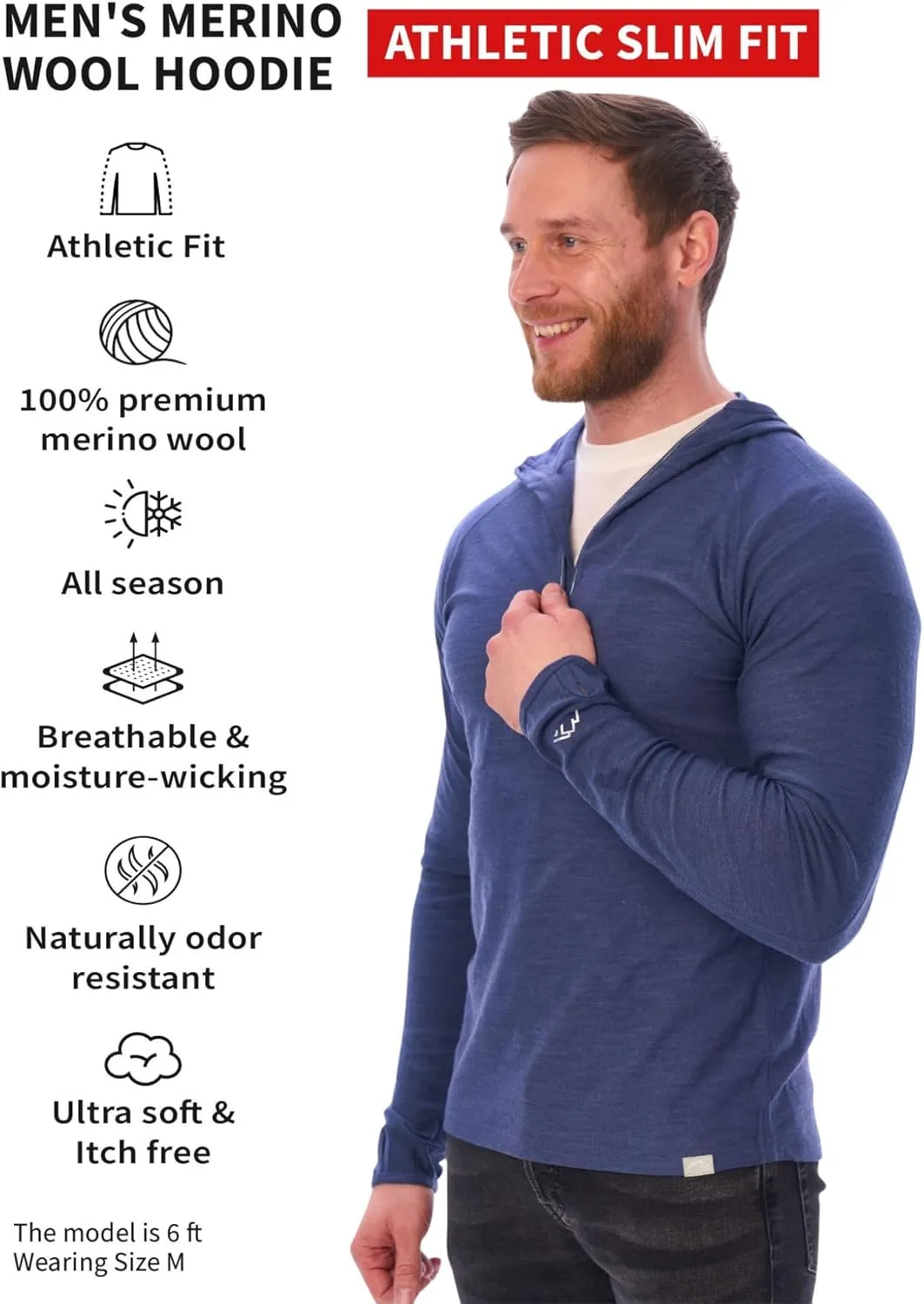 Merino.tech 100% Merino Wool Hoodie Men - Slim Fit Merino Wool Base Layer Mens Half Zip Thermal Long Sleeve Shirt and Socks