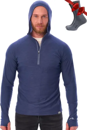 Merino.tech 100% Merino Wool Hoodie Men - Slim Fit Merino Wool Base Layer Mens Half Zip Thermal Long Sleeve Shirt and Socks