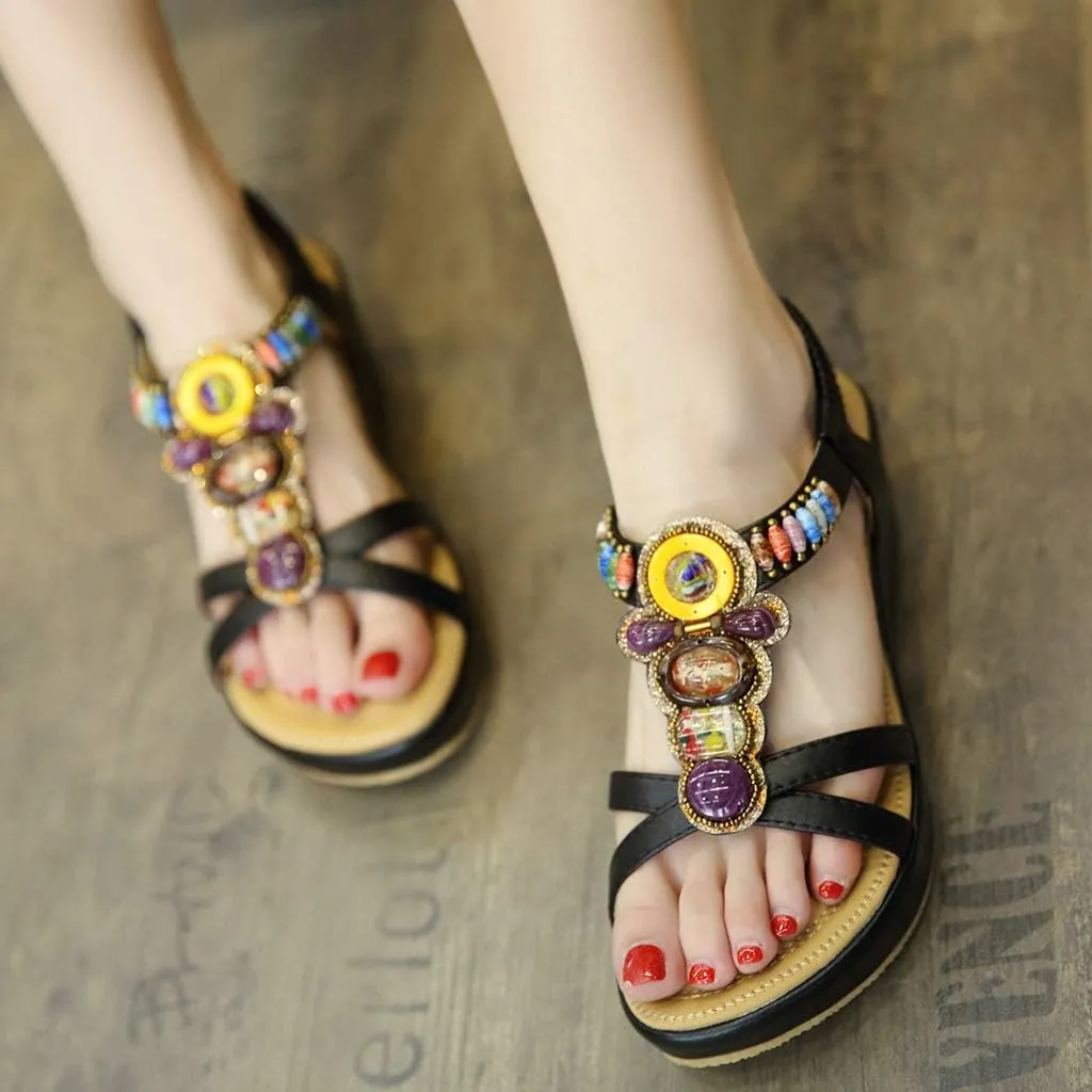 MIOKE Women's Bohemia Beaded Wedge Sandals Open Toe Platform T-strap Slingback Ethnic Summer Beach Sandal