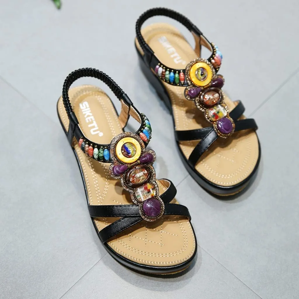 MIOKE Women's Bohemia Beaded Wedge Sandals Open Toe Platform T-strap Slingback Ethnic Summer Beach Sandal