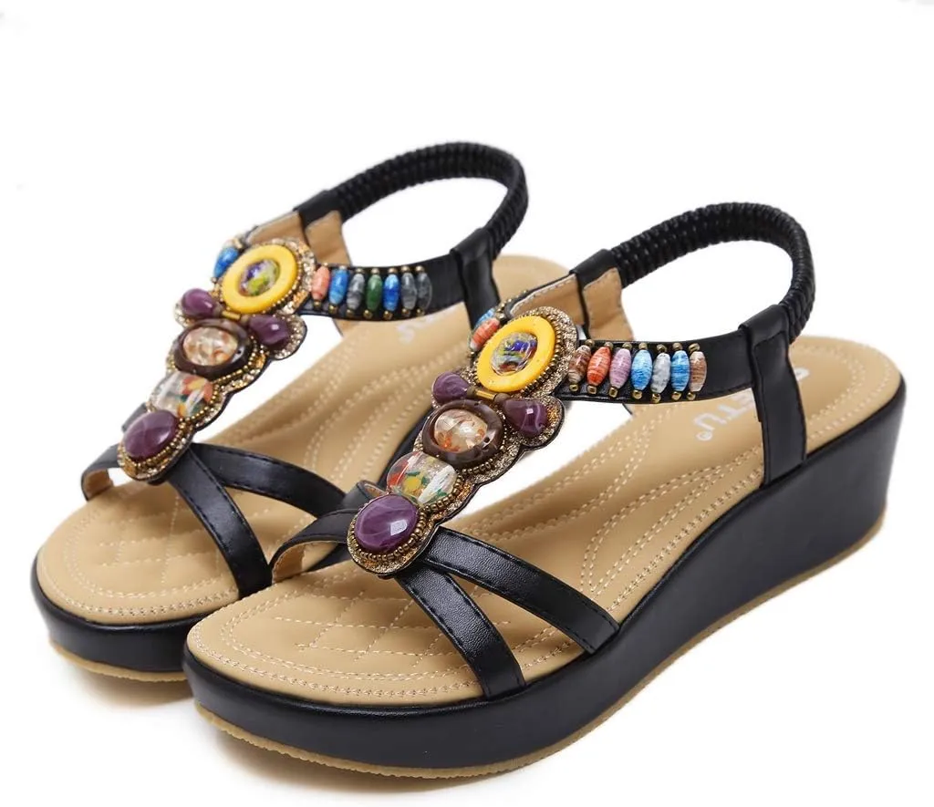 MIOKE Women's Bohemia Beaded Wedge Sandals Open Toe Platform T-strap Slingback Ethnic Summer Beach Sandal
