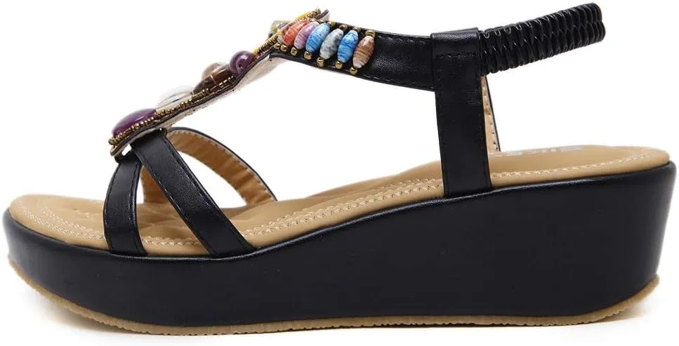 MIOKE Women's Bohemia Beaded Wedge Sandals Open Toe Platform T-strap Slingback Ethnic Summer Beach Sandal