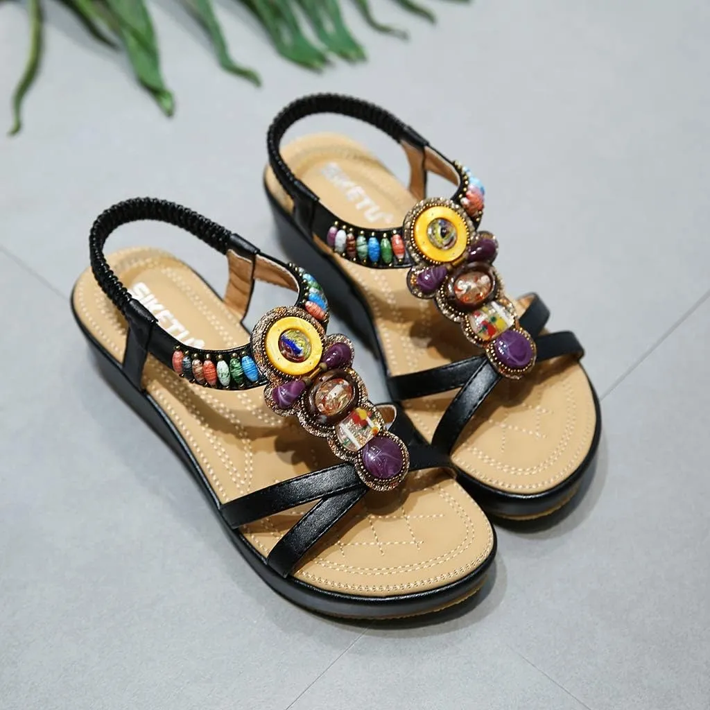 MIOKE Women's Bohemia Beaded Wedge Sandals Open Toe Platform T-strap Slingback Ethnic Summer Beach Sandal