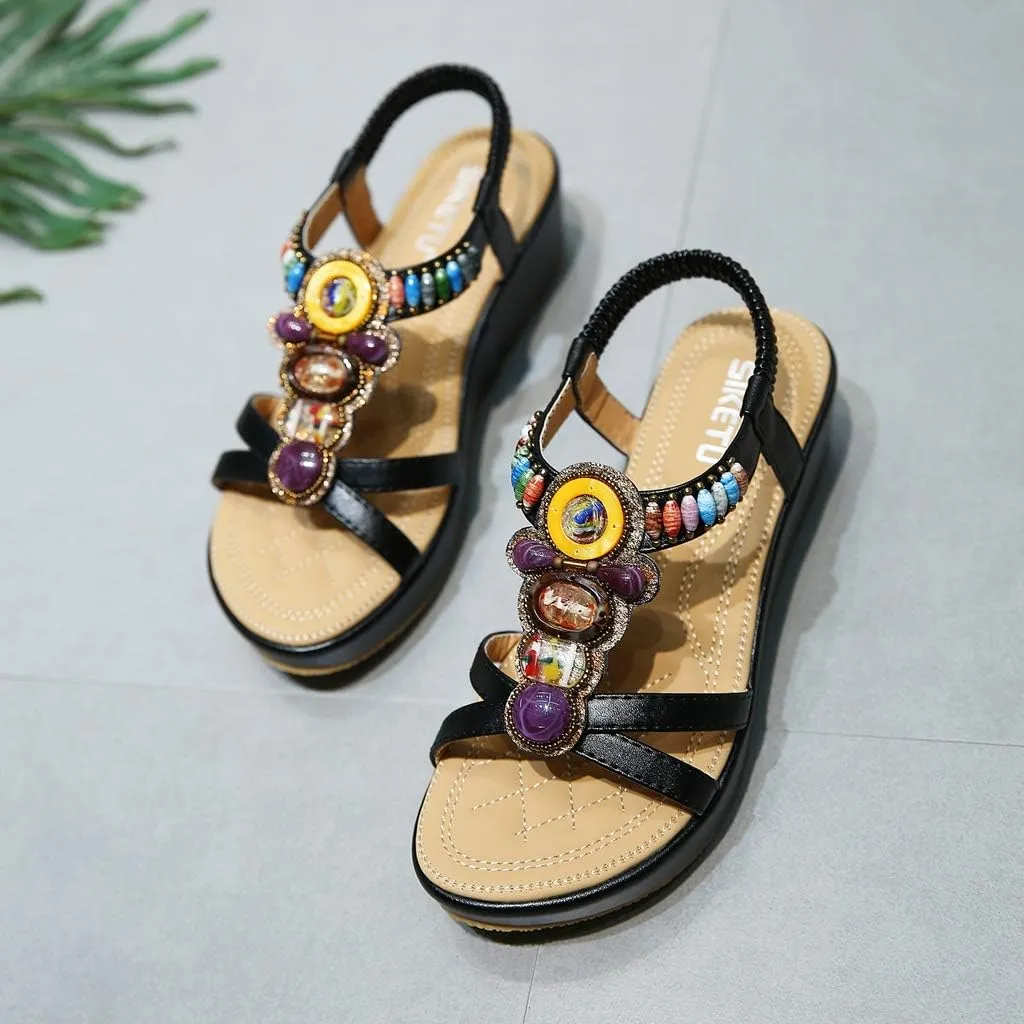 MIOKE Women's Bohemia Beaded Wedge Sandals Open Toe Platform T-strap Slingback Ethnic Summer Beach Sandal