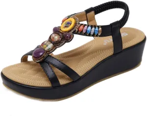 MIOKE Women's Bohemia Beaded Wedge Sandals Open Toe Platform T-strap Slingback Ethnic Summer Beach Sandal