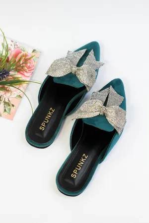 Nile Rhinestone Bow Aqua Pointed Toe Flat Mules-11029