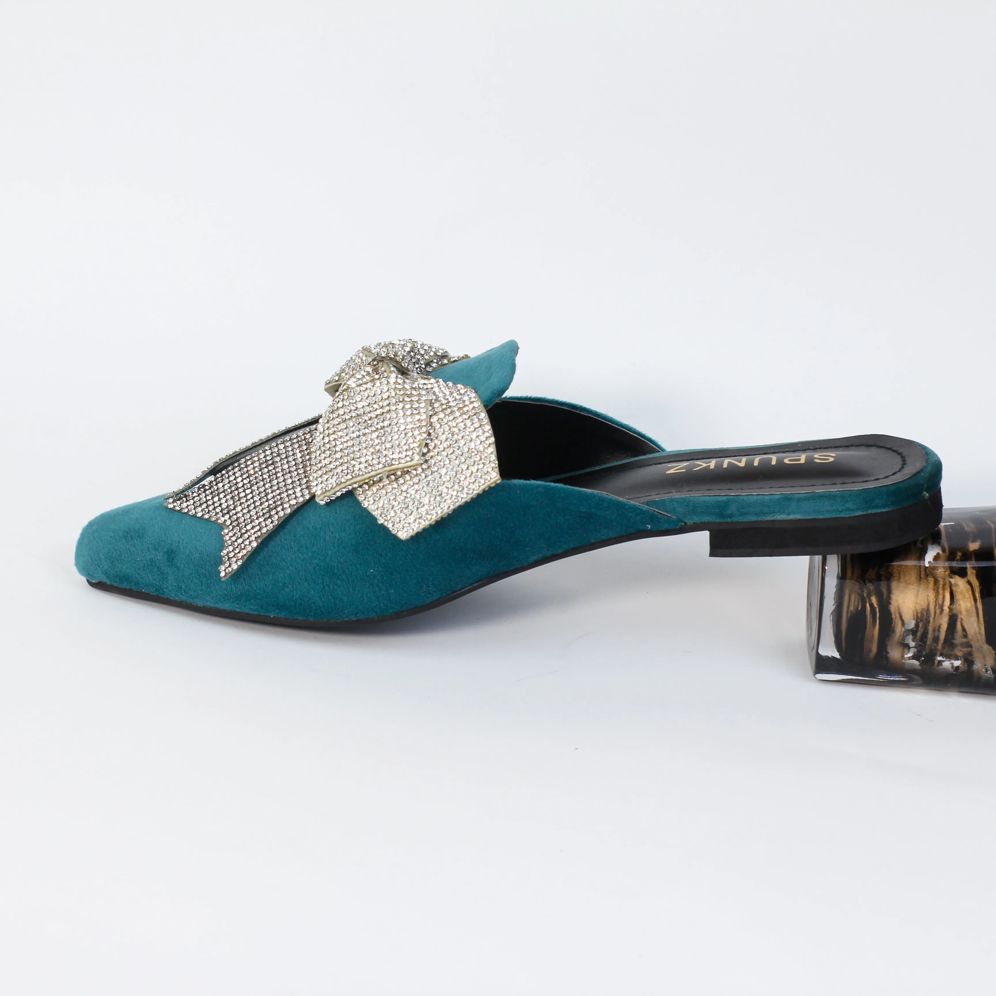 Nile Rhinestone Bow Aqua Pointed Toe Flat Mules-11029