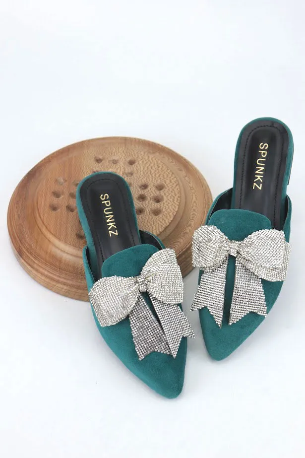 Nile Rhinestone Bow Aqua Pointed Toe Flat Mules-11029
