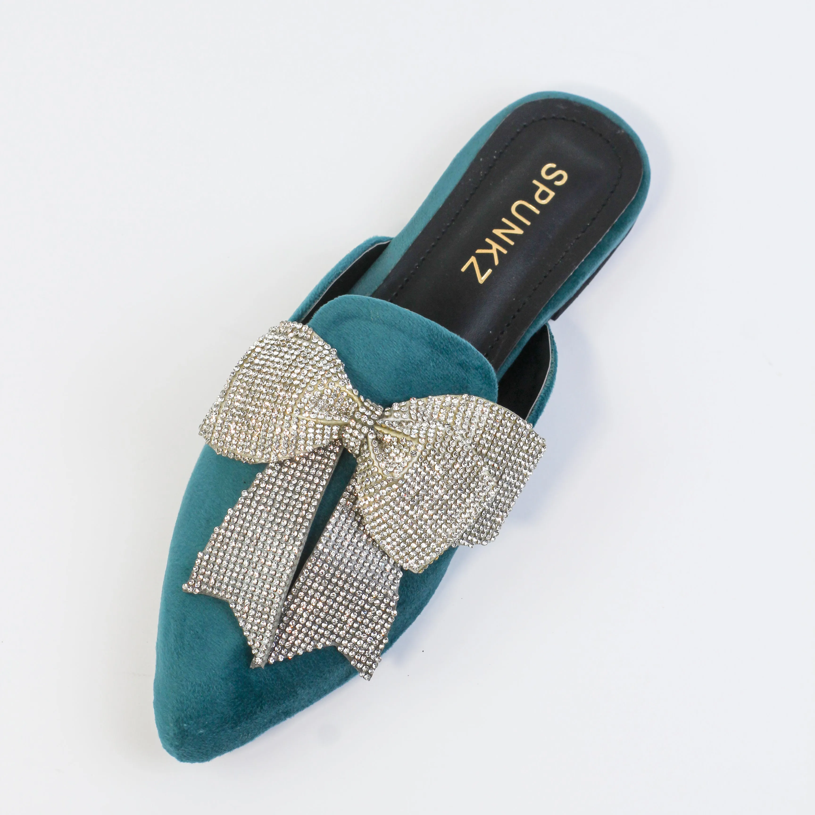 Nile Rhinestone Bow Aqua Pointed Toe Flat Mules-11029