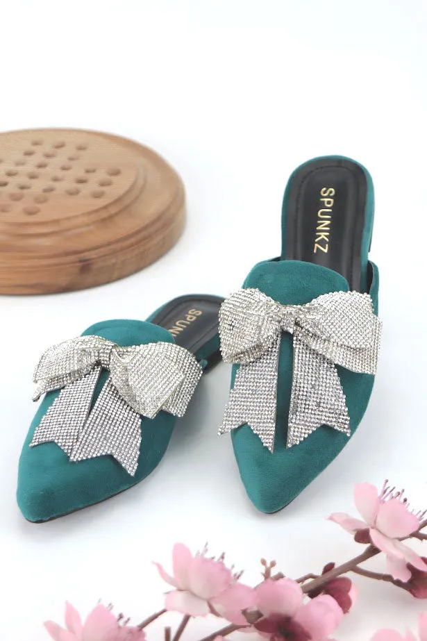 Nile Rhinestone Bow Aqua Pointed Toe Flat Mules-11029