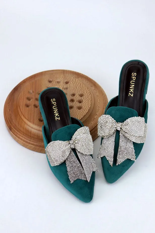 Nile Rhinestone Bow Aqua Pointed Toe Flat Mules-11029