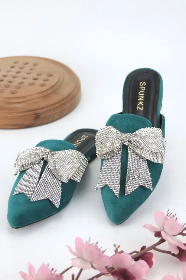 Nile Rhinestone Bow Aqua Pointed Toe Flat Mules-11029