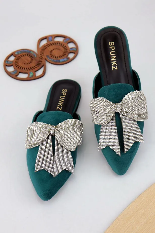 Nile Rhinestone Bow Aqua Pointed Toe Flat Mules-11029