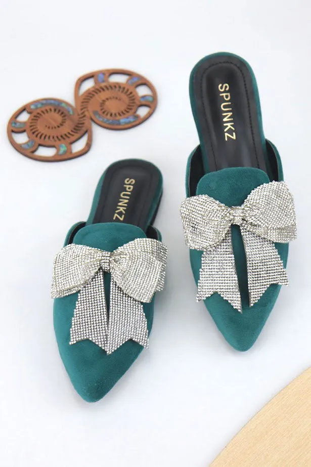 Nile Rhinestone Bow Aqua Pointed Toe Flat Mules-11029